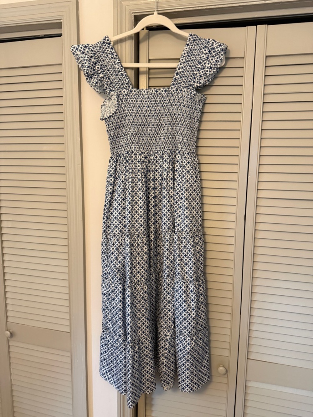 Hill House Blue and White Smocked Maxi Dress with Flutter Sleeves - Picture 4 of 4